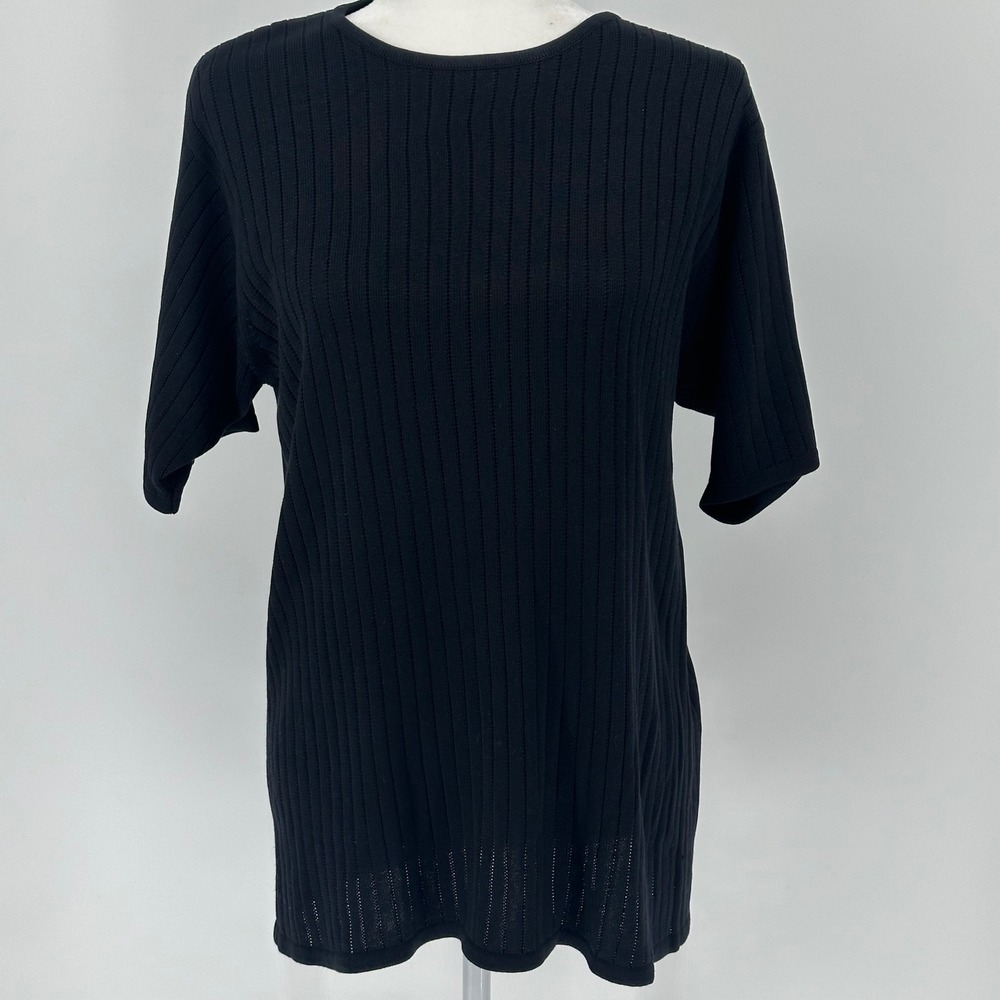 Vintage Black Ribbed Knit Silk Short Sleeve‎ Top Sweater LEYLA MITRA Tunic M